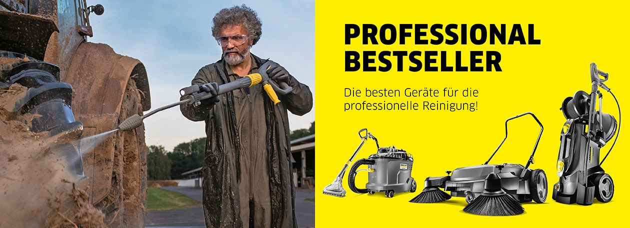 Die linke Seite zeigt einen Mann mit Schutzbrille, der eine schmutzige Maschine mit einem Hochdruckreiniger säubert. Er trägt dunkle Arbeitskleidung, die ebenfalls schmutzig ist. Die rechte Seite ist gelb und enthält