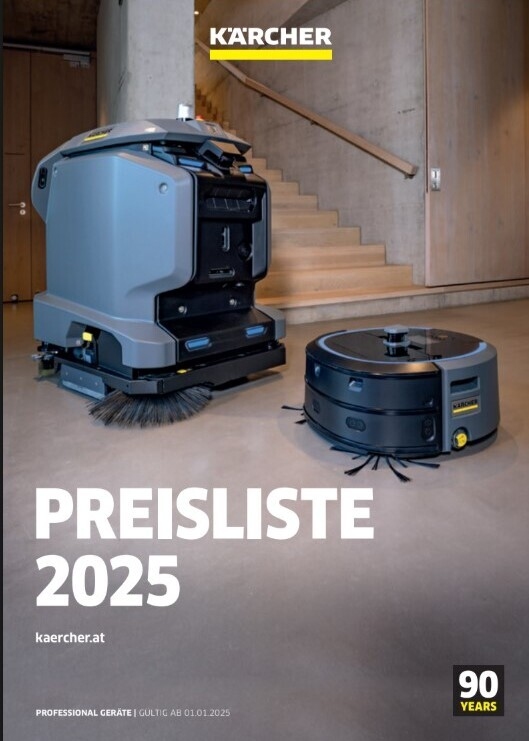 Dies ist das Titelblatt einer Kärcher Preisliste für das Jahr 2025.  Hier ist eine Aufschlüsselung der Elemente auf dem Umschlag:  Marke: Kärcher (prominent oben platziert).  Produkte: Es sind zwei Reinigungsroboter abgebildet:  Eine größere, graue, auton