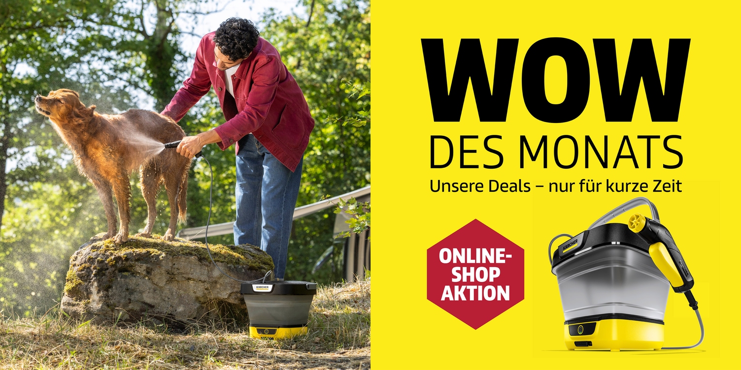Der Aktionsbanner WOW des Monats des Onlineshop von Kärcher Österreich zeigt, dass Mobile Reinigungsgeräte in Aktion sind. Auf dem Bild wäscht ein Mann seinen Hund mit einem OC 3 Foldable. Der Aktionsbanner WOW des Monats des Onlineshop von Kärcher Österreich zeigt, dass Mobile Reinigungsgeräte in Aktion sind. Auf dem Bild wäscht ein Mann seinen Hund mit einem OC 3 Foldable.