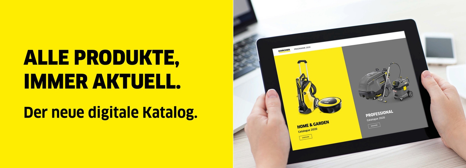 Tablet mit Abbildung von digitalem Katalog von Kärcher. 