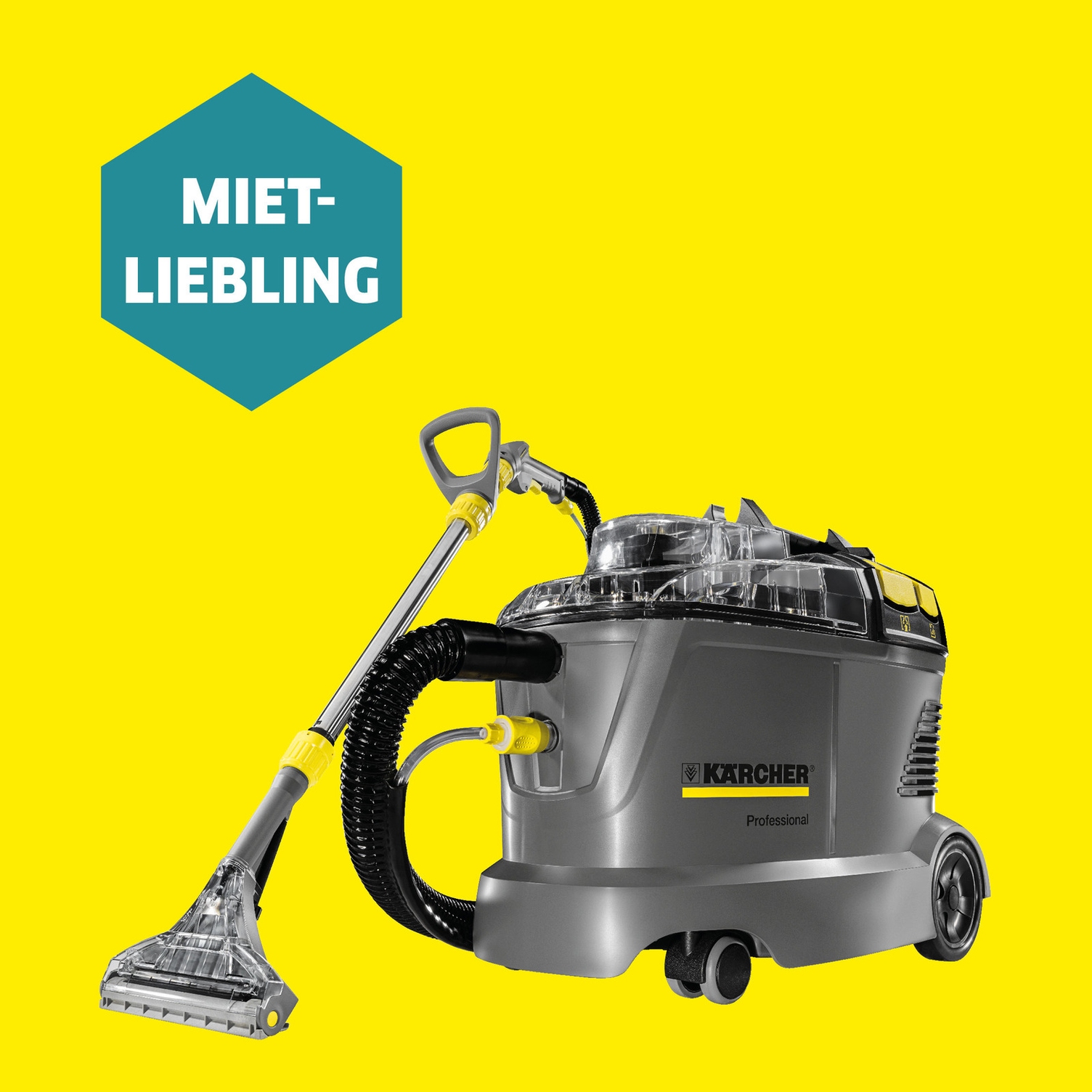 Ein professionelles Kärcher Sprühextraktionsgerät vom Typ Puzzi 10/1 für die Teppich- und Polsterreinigung vor gelbem Hintergrund, versehen mit einem teal-farbenen Sechskant-Icon mit der Aufschrift „Miet-Liebling“.
