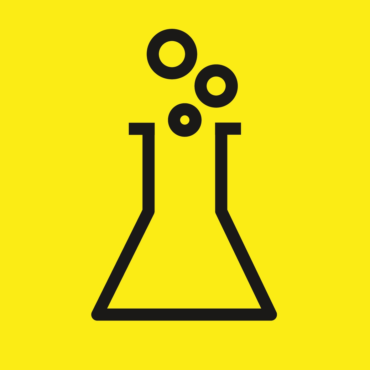 Chemische dampen Zwart Kärcher icoon van een erlenmeyer met bubbels op een gele achtergrond. Symbool voor chemische gassen of stoffen