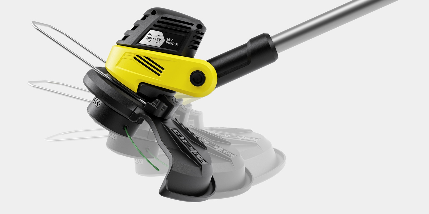 één hand past de hoek van de Kärcher draaloze trimmer aan met een druk op de knop