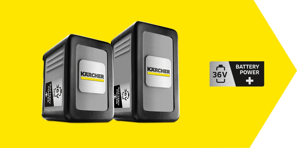 Close-up van twee Kärcher 36V Battery Power+ batterijen voor snoerloze machines