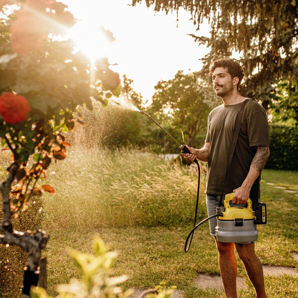 Pulvérisation d'engrais avec le pulvérisateur à pression sans fil Kärcher Personne pulvérisant de l'engrais sur des plantes avec le pulvérisateur à pression sans fil Kärcher