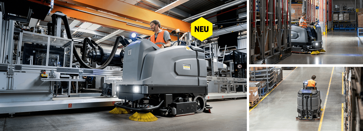 Die Aufsitz-Scheuersaugmaschine B 260 R I reinigt eine Industriehalle Die Aufsitz-Scheuersaugmaschine B 260 R I reinigt eine Industriehalle