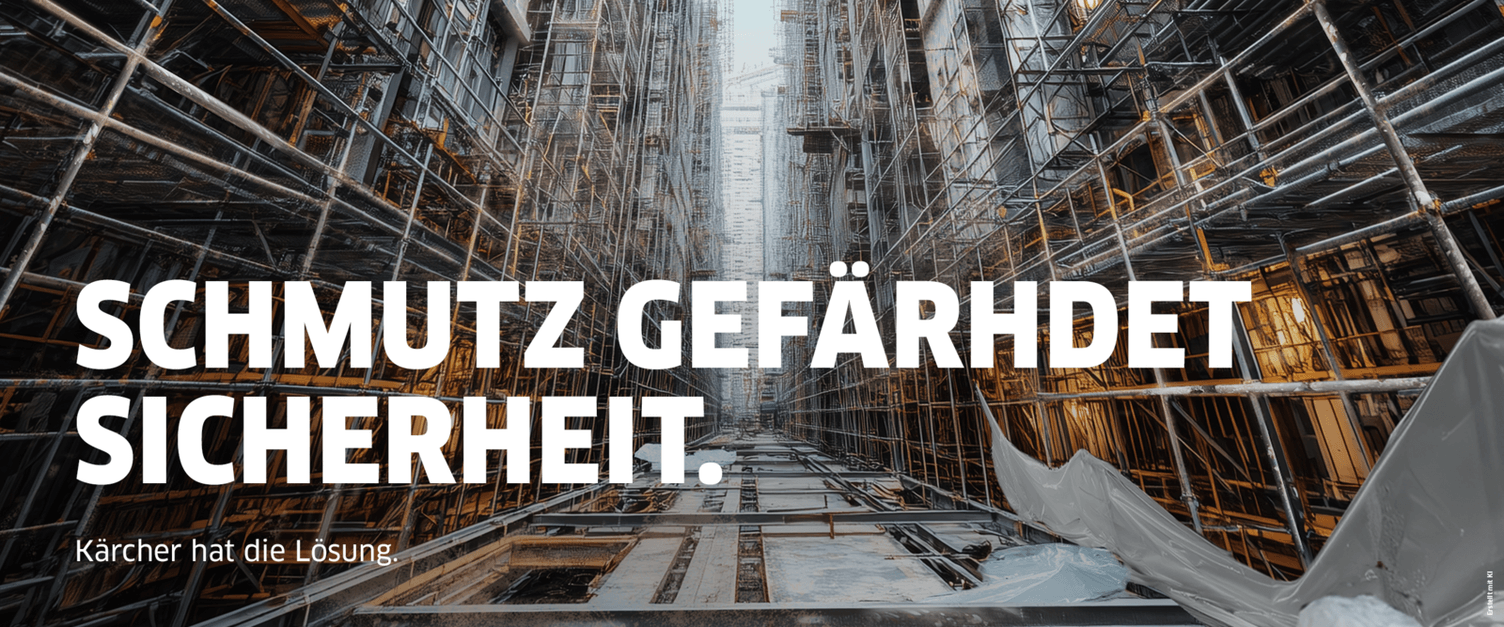 eine Person mit Warnweste und Helm reinigt eine Baumaschine mit einem Hochdruckreiniger