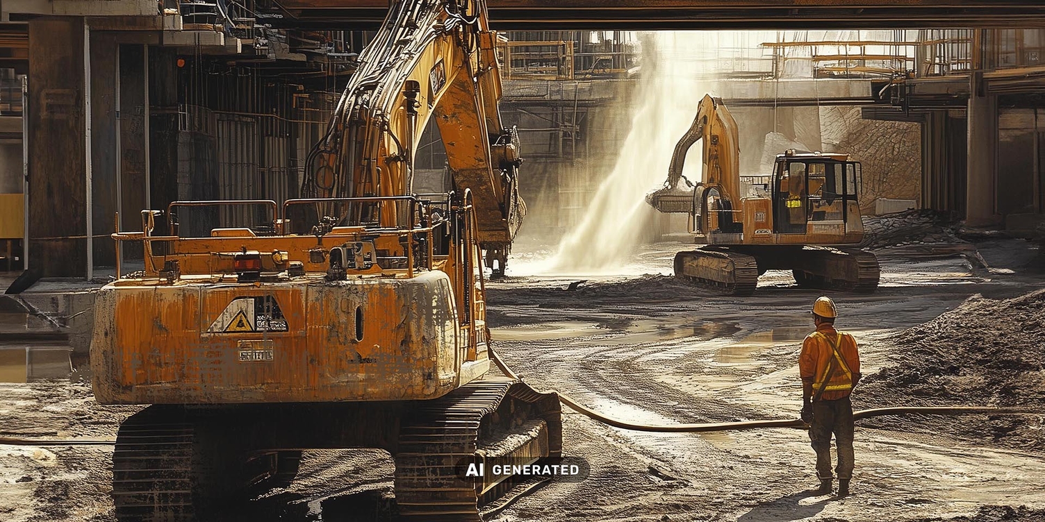 Stark verschmutze Baustelle mit großen Baggern und einem Mann der naben einem Gerät läuft Stark verschmutze Baustelle mit großen Baggern und einem Mann der naben einem Gerät läuft