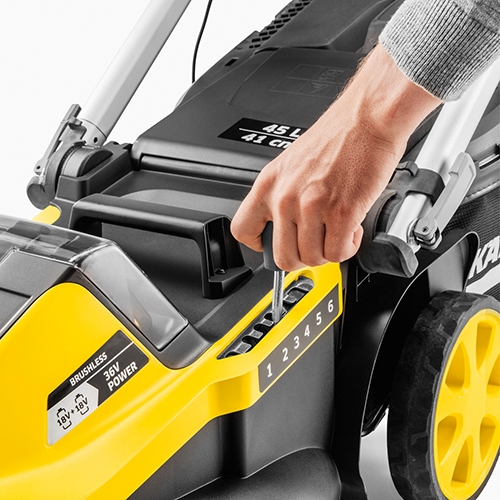 Cutting height can be adjusted directly at the lawn mower from 25 mm to 75 mm