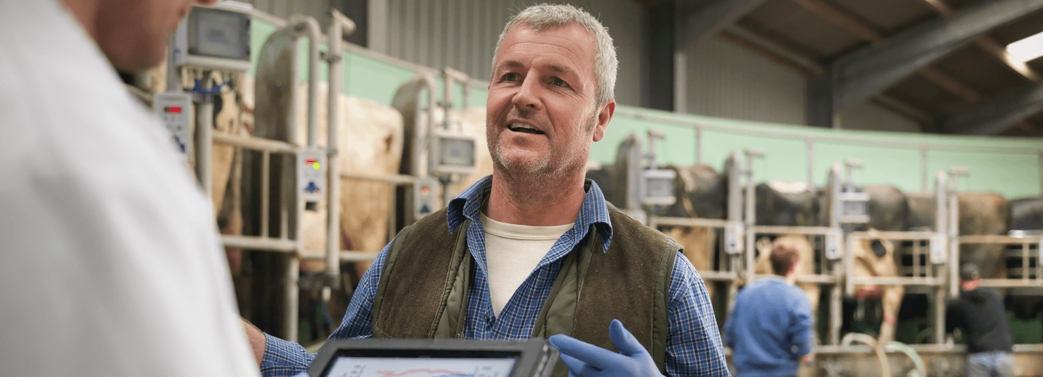 Man in white coat with tablet talking to livestock farmer