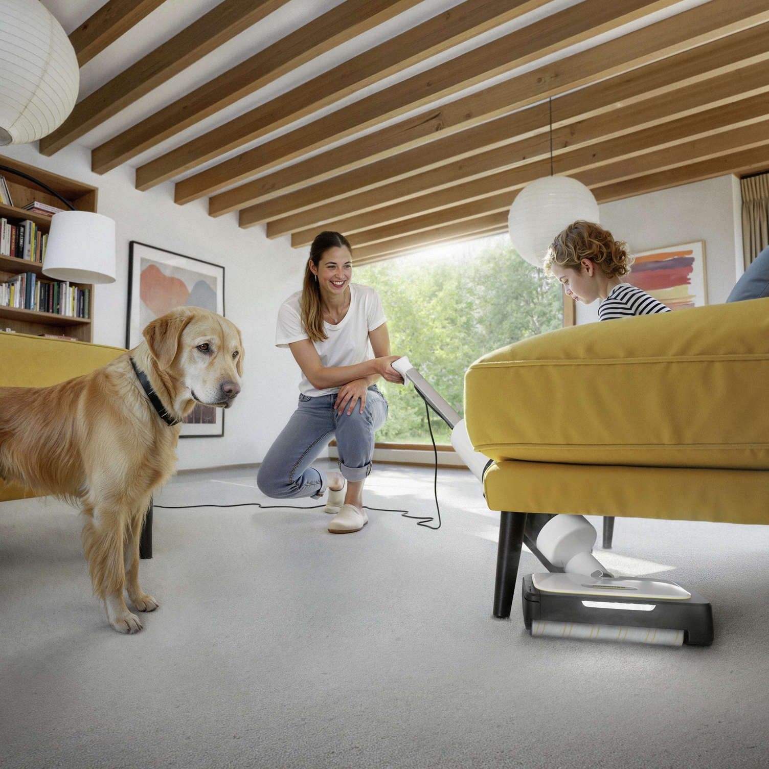 Kärcher SCV 4 cleans under a sofa while a child and dog stand next to it.