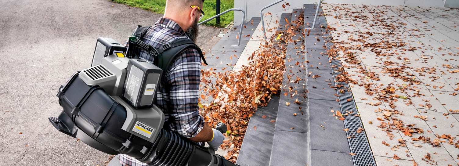 A person blowing old leaves from a staircase with a leaf blower