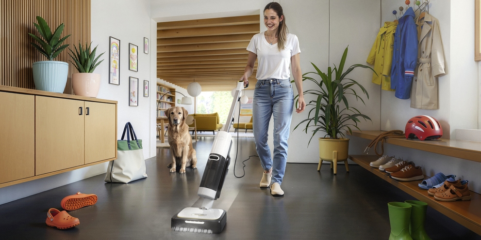 Kärcher steam vacuum cleaner cleaning the tiled floor in the hallway.