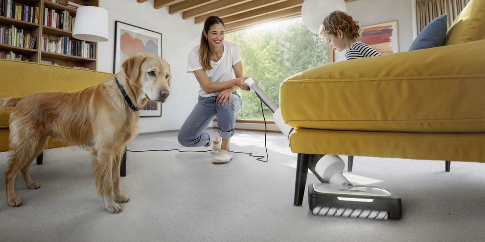 Kärcher steam vacuum cleaner used for hygienic cleaning of a carpet.