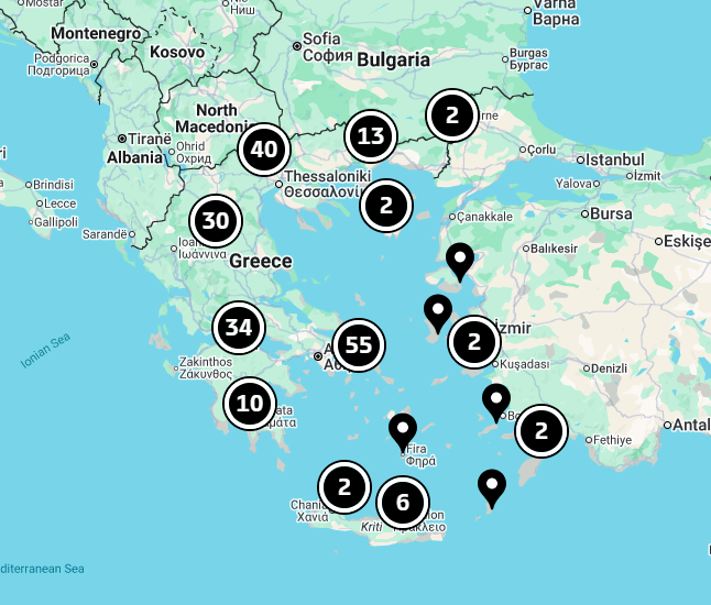 Χάρτης Ελλάδας με πινέζες και σημεία κάλυψης του δικτύου εξουσιοδοτημένων εμπόρων Kärcher.