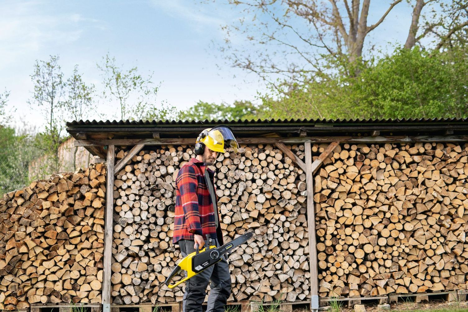 Man with chain saw walks in front of a large wood pile