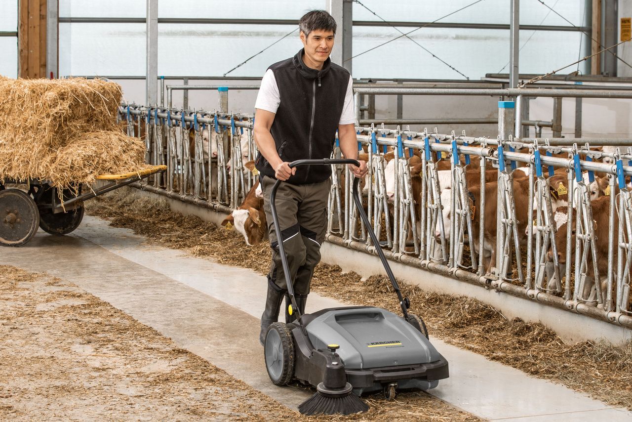 Cowshed cleaning using a sweeper Cowshed cleaning using a sweeper