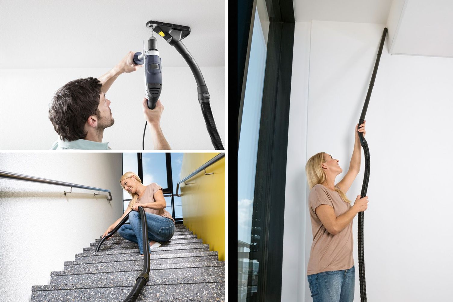 Person using drill dust catcher on ceiling Kärcher drill dust catcher