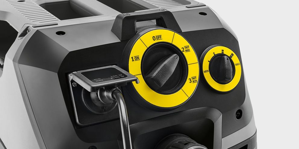 Close-up of wet and dry vacuum cleaner with triggered air cleaning technology