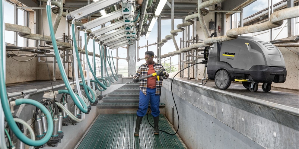 Cleaning milking parlours with hot water high pressure washers