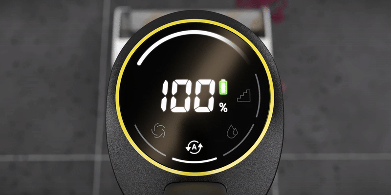 Display of vacuum mop showing battery run time and cleaning mode