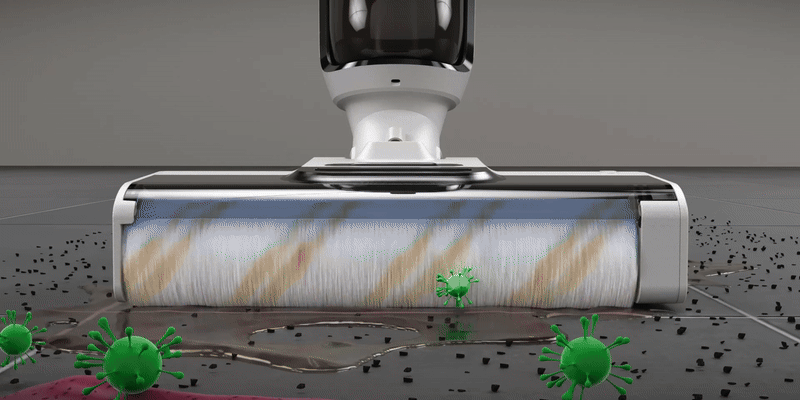 Animation of the vacuum mop rollers picking up dirt