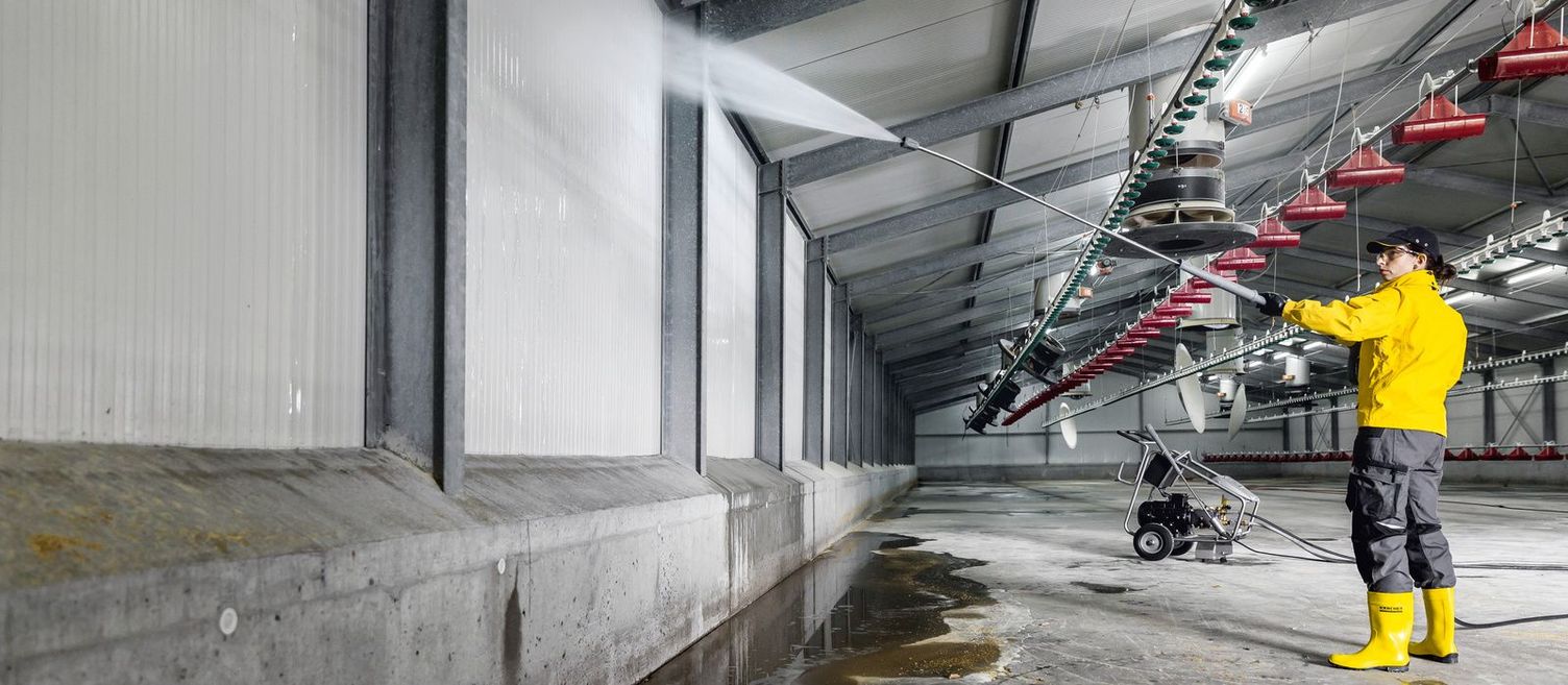 Soaking with a high-pressure cleaner during poultry coop cleaning