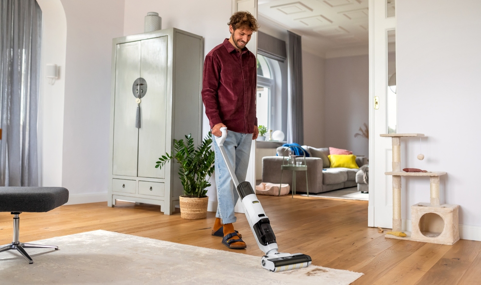 Living room cleaning with vacuum mop