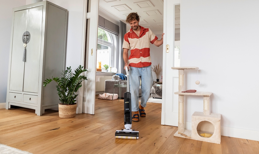 Living room cleaning with vacuum mop