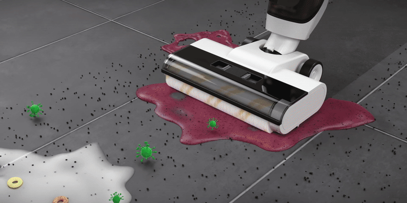 Animation of vacuum mop cleaning up coarse dirt
