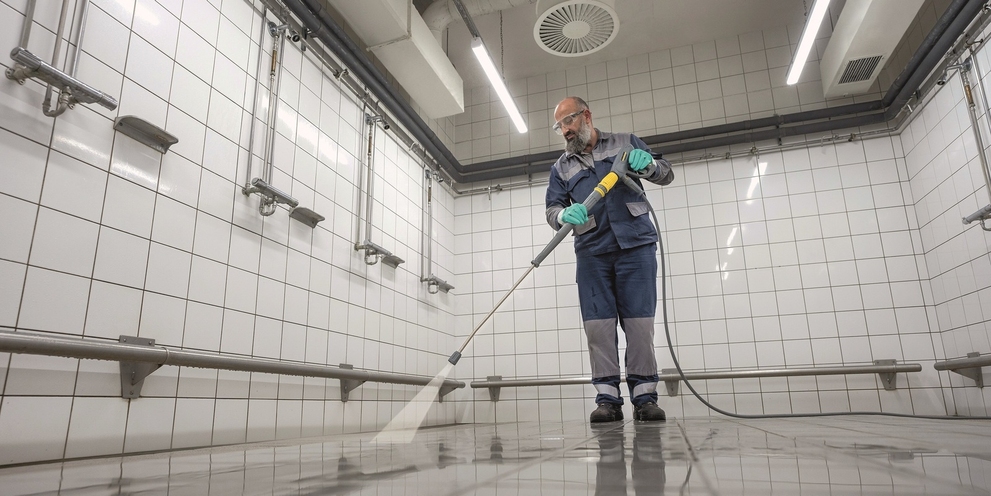 Man cleans tiles with pressure washer Man cleans tiles with pressure washer