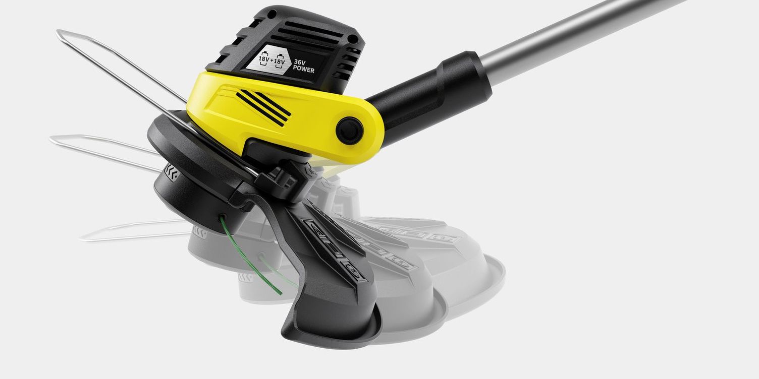 one hand adjusts the angle of the Kärcher battery-powered lawn trimmer at the touch of a button