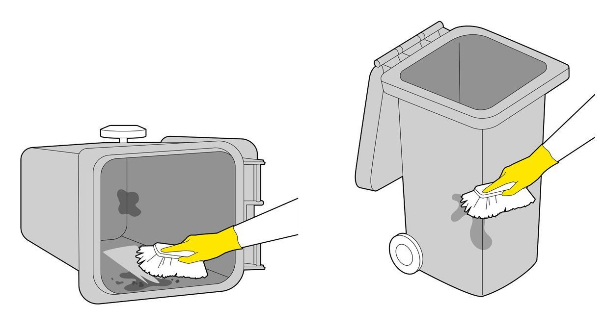 Bin cleaning with household products and a wash brush Illustrations: Bin cleaning with household products and a wash brush