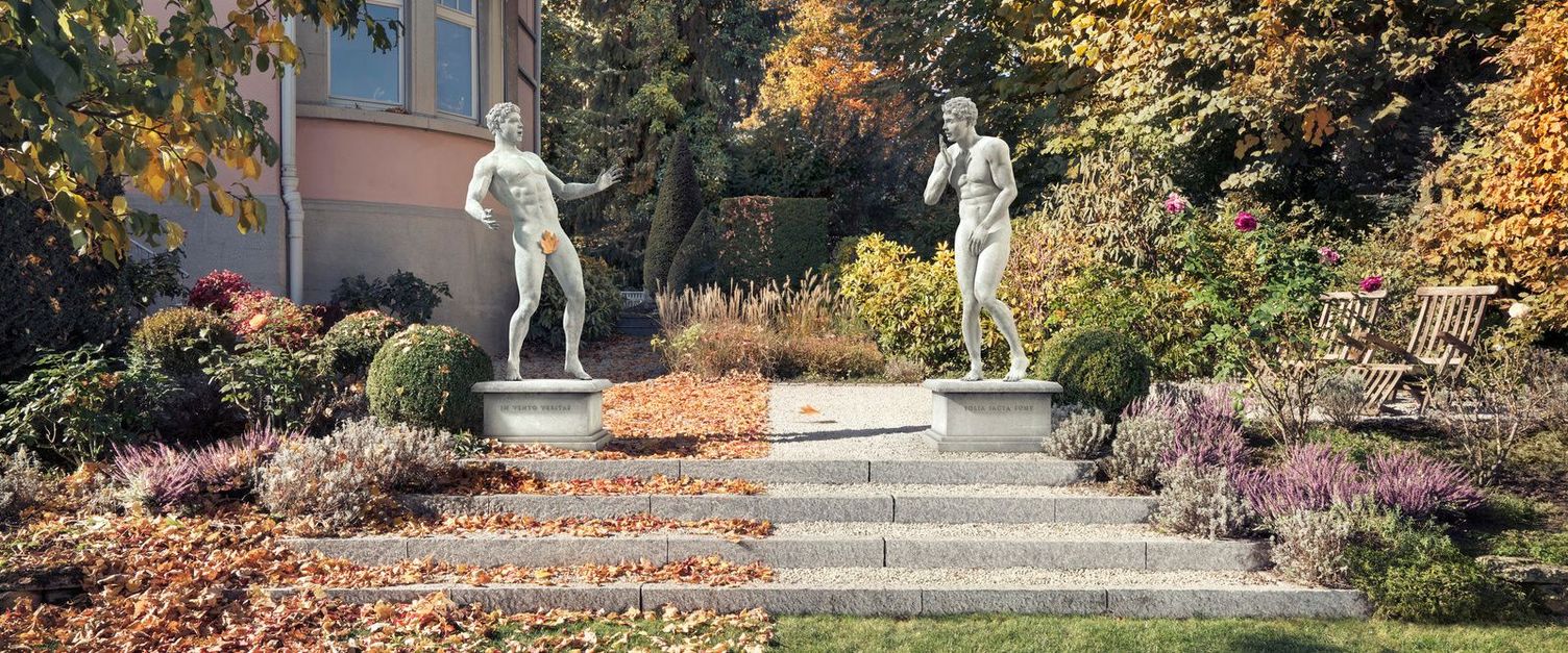 Cordless leaf blowers and leaf blower vacs Two surprised statues marvel at removed foliage on a staircase