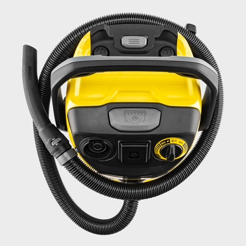 Top view of wet and dry vacuum cleaner showing the hose storage