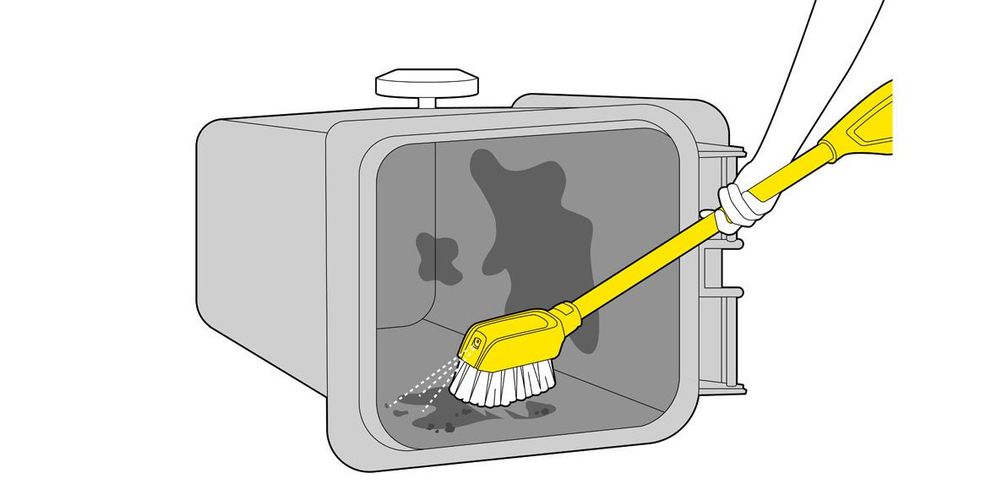 Use medium pressure and a wash brush to clean the bin Illustration: A bin being cleaned with the Kärcher medium pressure washer and a wash brush