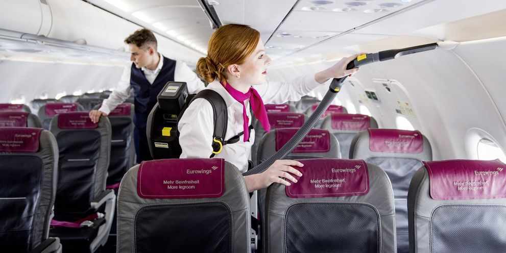 Cleaning an aircraft with a Kärcher battery-powered backpack vacuum