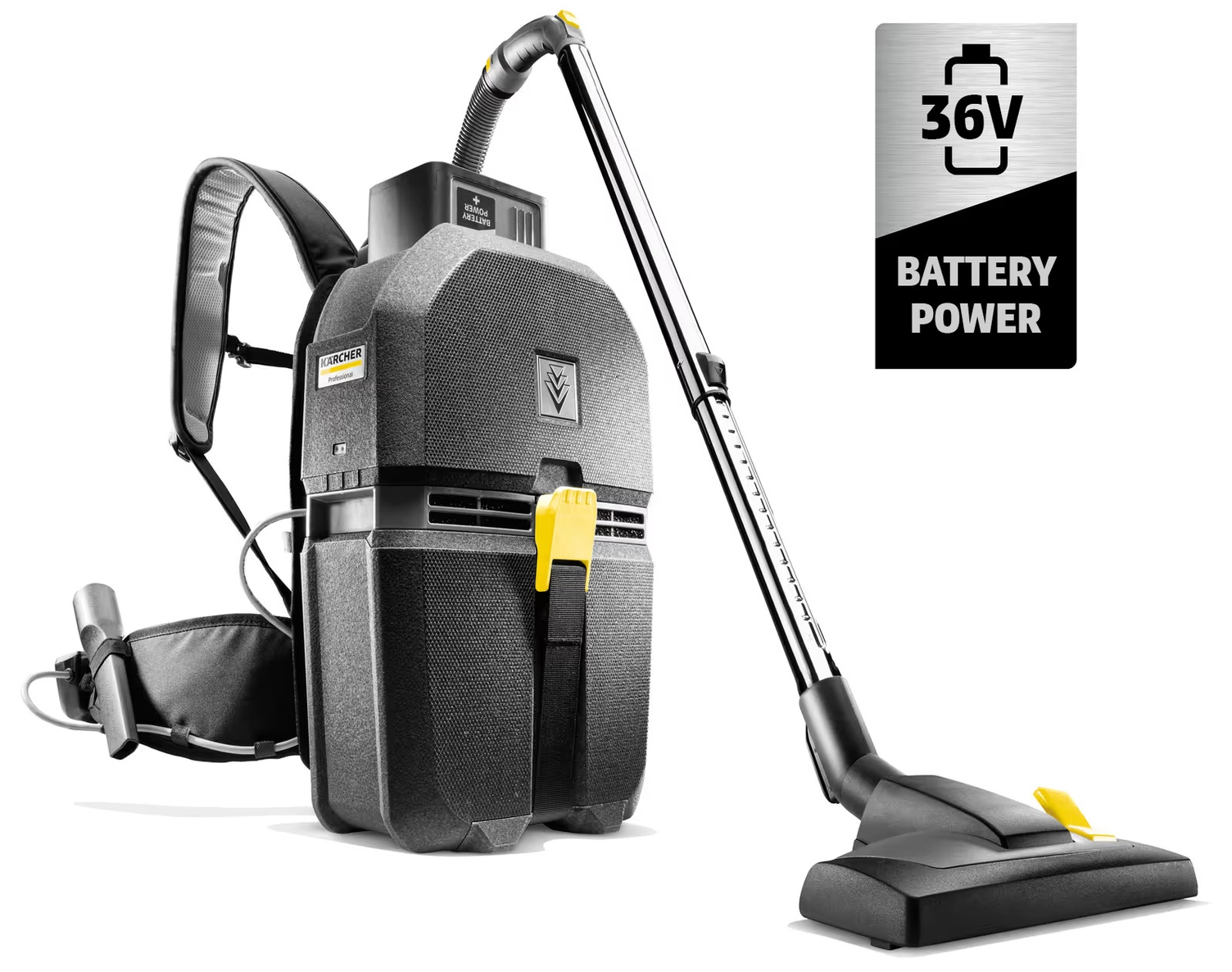 BVL 5/1 BP Battery-Powered Backpack Vacuum The new BVL 5/1 BP Battery-Powered Backpack Vacuum stands next a logo that says 36V Battery Power.