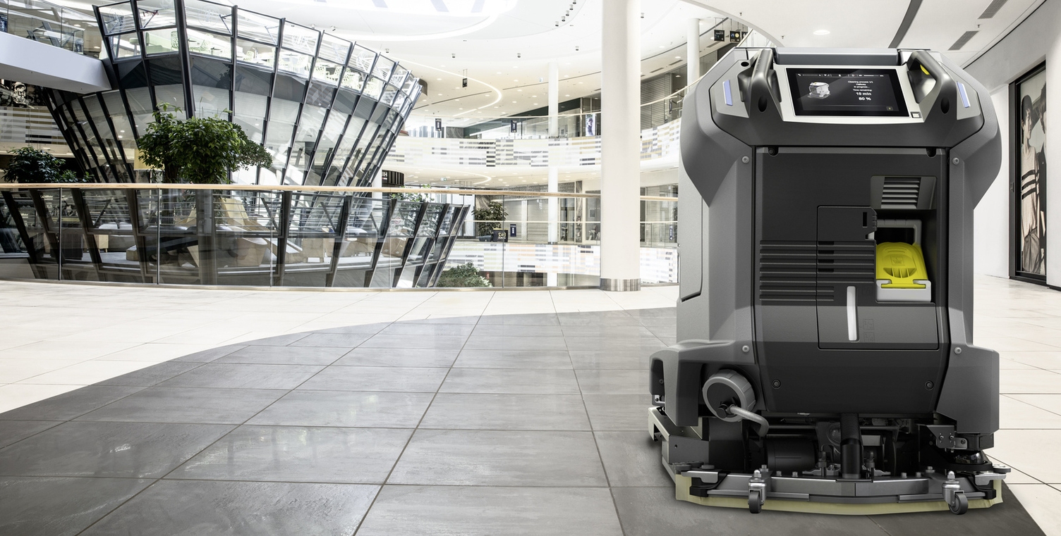 A scrubber dryer robot in operation