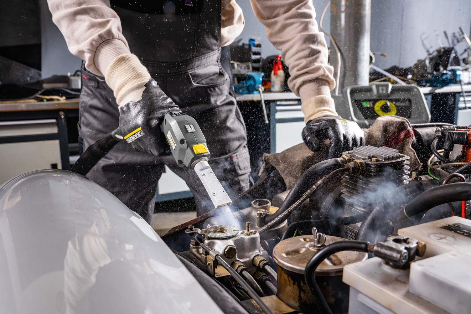 Karcher Dry Ice Blaster cleaning an engine bay
