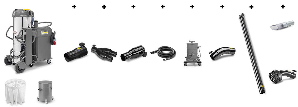 The Right Accessory for Every Application An industrial vacuum is shown on the left, followed by multiple fittings to the right.