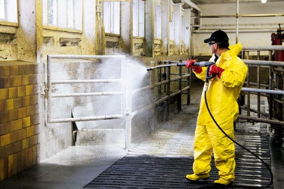 Man pressure washing in an animal facility.