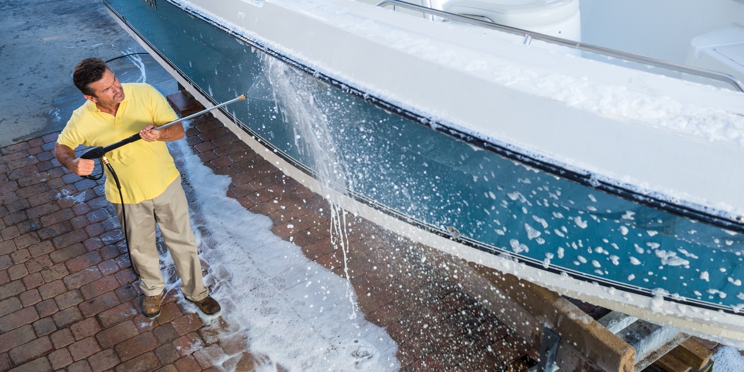 Karcher Gas Pressure Washer Cleans Boat with Detergent