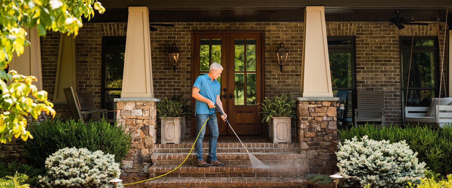 Karcher Gas Pressure Washer Cleans House Entrance