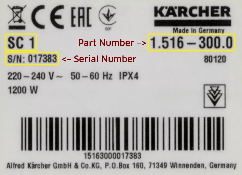 Nameplate featuring part number Example of a Kärcher nameplate with its part number and serial number highlighted