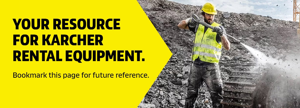 Kärcher Rental Support Banner image with a construction worker on the right, and text on the left that says Your Resource for Kärcher Rental Equipment.