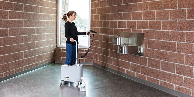 Hallways & Drinking Fountains A Mister is used to clean a school drinking fountain.