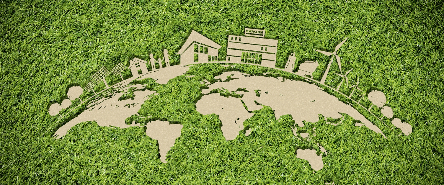 An illustration with a globe, buildings, trees and wind turbines on the topic of sustainability