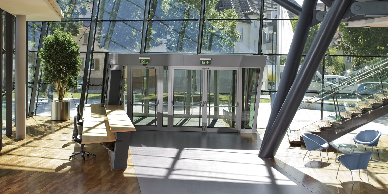 An interior photo of a reception area inside a office building.