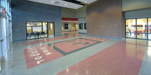 Entryways A school entrance and lobby.